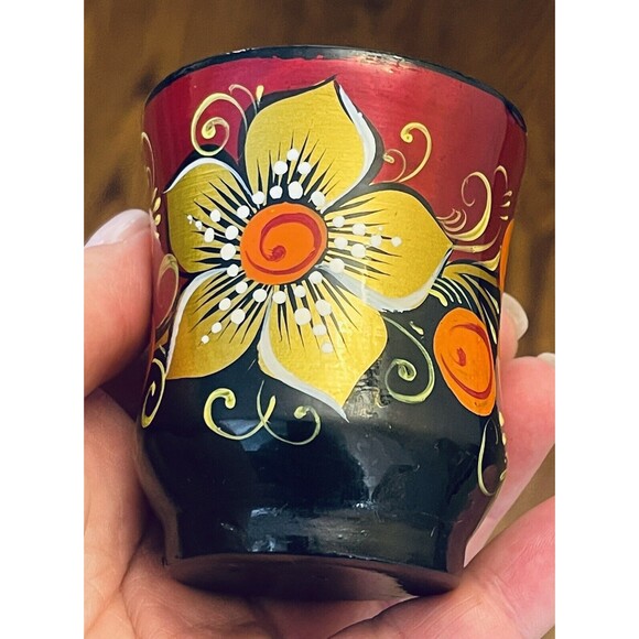 VTG Khokhloma Russian Handpainted Wooden Lacquer Set Pitcher & 6 Cups Signed EUC - Picture 11 of 14